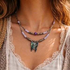 Artisan Abalone Butterfly Beaded Necklace Boho Festival Y2K
